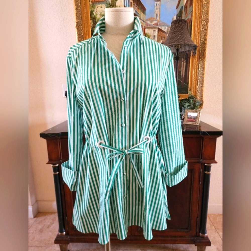 Crisp Green & White Striped Blouse Tie Waist /Peplum. size 8